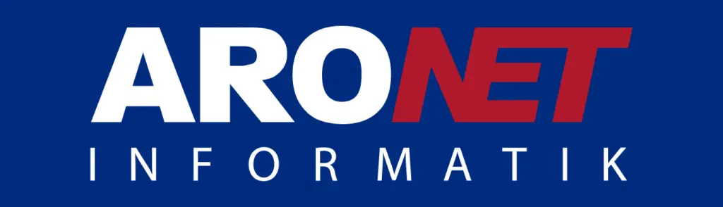 Logo mit dem Text ARONET INFORMATIK auf blauem Hintergrund; ARO und INFORMATIK sind weiß, NET ist rot und spiegelt eine moderne Webdesign-Ästhetik wider. fotograf-webdesigner-seo-agentur-hochzeitsfotograf-abgelichtet