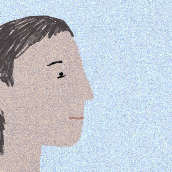 Eine einfache Illustration des Kopfes einer Person im Profil, nach rechts gewandt, mit kurzen dunklen Haaren und einem neutralen Ausdruck, auf einem hellblauen, strukturierten Hintergrund. fotograf-webdesigner-seo-agentur-hochzeitsfotograf-abgelichtet