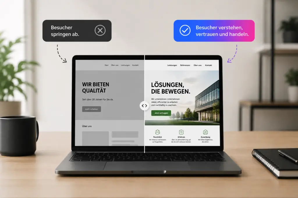 Ein Laptop auf einem Schreibtisch zeigt eine zweigeteilte Website: Die linke Seite zeigt schlichtes Webdesign mit der Aufschrift Besucher springen ab, während die rechte Seite modern mit Bildern ist und die Aufschrift Besucher verstehen, vertrauen und handeln trägt. fotograf-webdesigner-seo-agentur-hochzeitsfotograf-abgelichtet