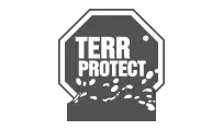 Schwarzes und weißes Logo mit einem Achteck und dem Schriftzug TERR PROTECT in fetten Buchstaben über stilisierten Spritzern oder Tropfen am unteren Rand der Form. fotograf-webdesigner-seo-agentur-hochzeitsfotograf-abgelichtet