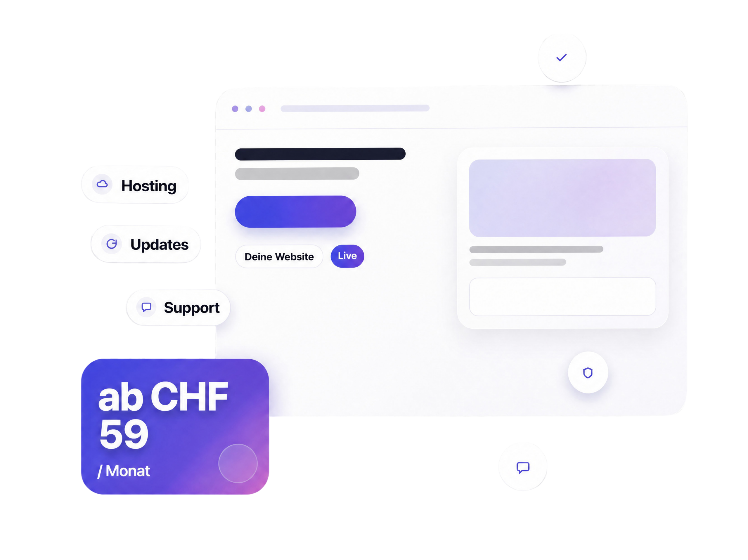 Minimalistische Website-Interface-Illustration mit beschrifteten Symbolen für Hosting, Updates und Support auf der linken Seite. Hauptbildschirm hebt Schaltflächen und eine Karte mit "ab CHF 59 / Monat" in einem weißen und lila Farbverlauf hervor - perfekt für Ihre Webseite im abo. fotograf-webdesigner-seo-agentur-hochzeitsfotograf-abgelichtet
