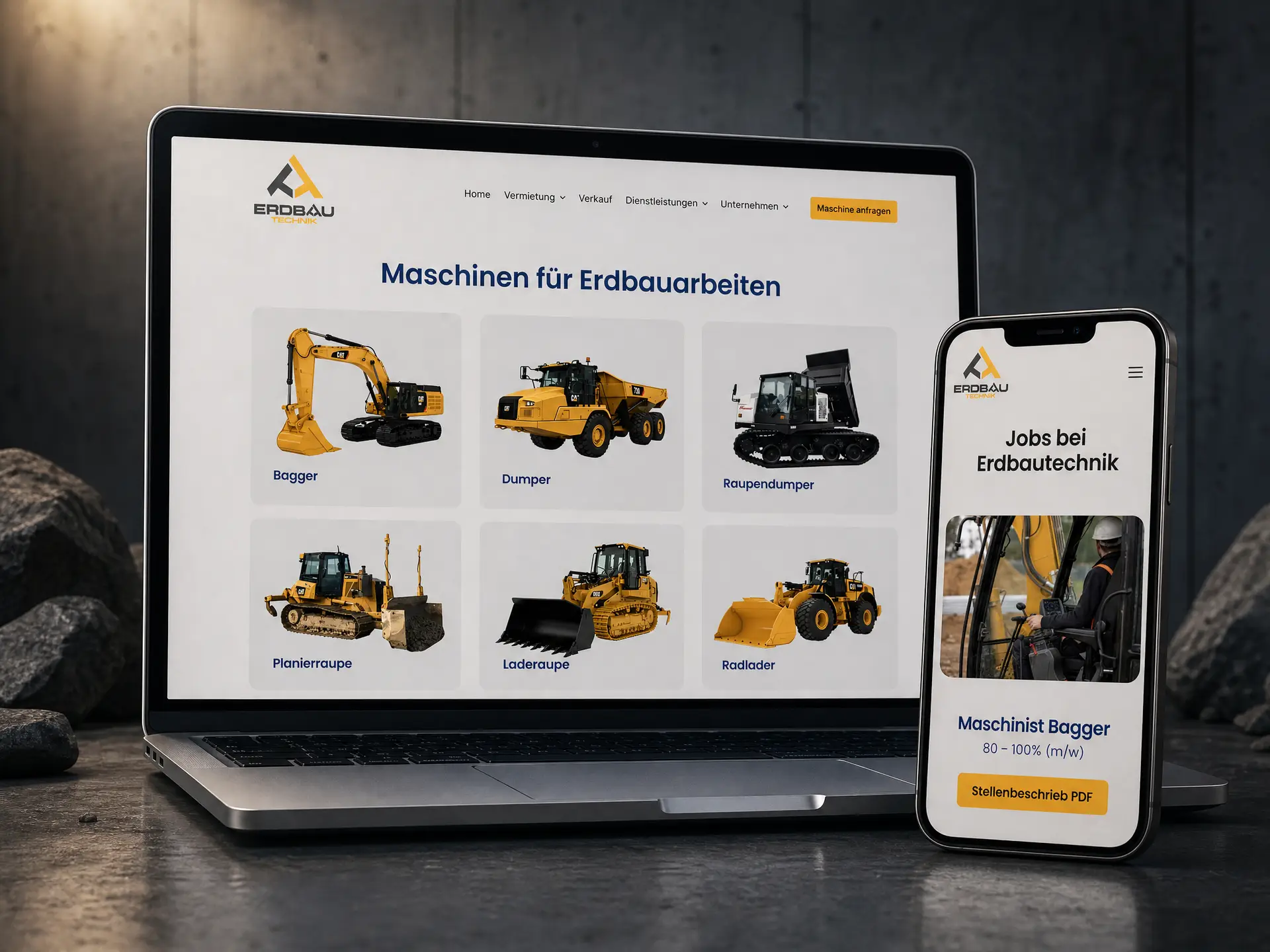 Auf einem Laptop und einem Smartphone ist die Website eines Bauunternehmens zu sehen, auf der verschiedene Erdbaumaschinen wie Bagger, Muldenkipper und Radlader präsentiert werden. Im Hintergrund sind Baumaschinen und Schutzhelme zu sehen. fotograf-webdesigner-seo-agentur-hochzeitsfotograf-abgelichtet